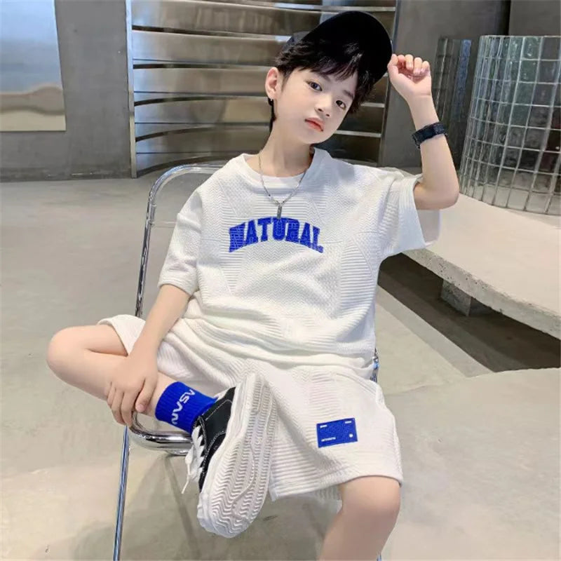 Boys Summer Casual Sets Thin Handsome T-shirt + Loose Shorts 2Pcs Kids Sportswear Loungewear Outfit Teenager Suit 5-14 Years