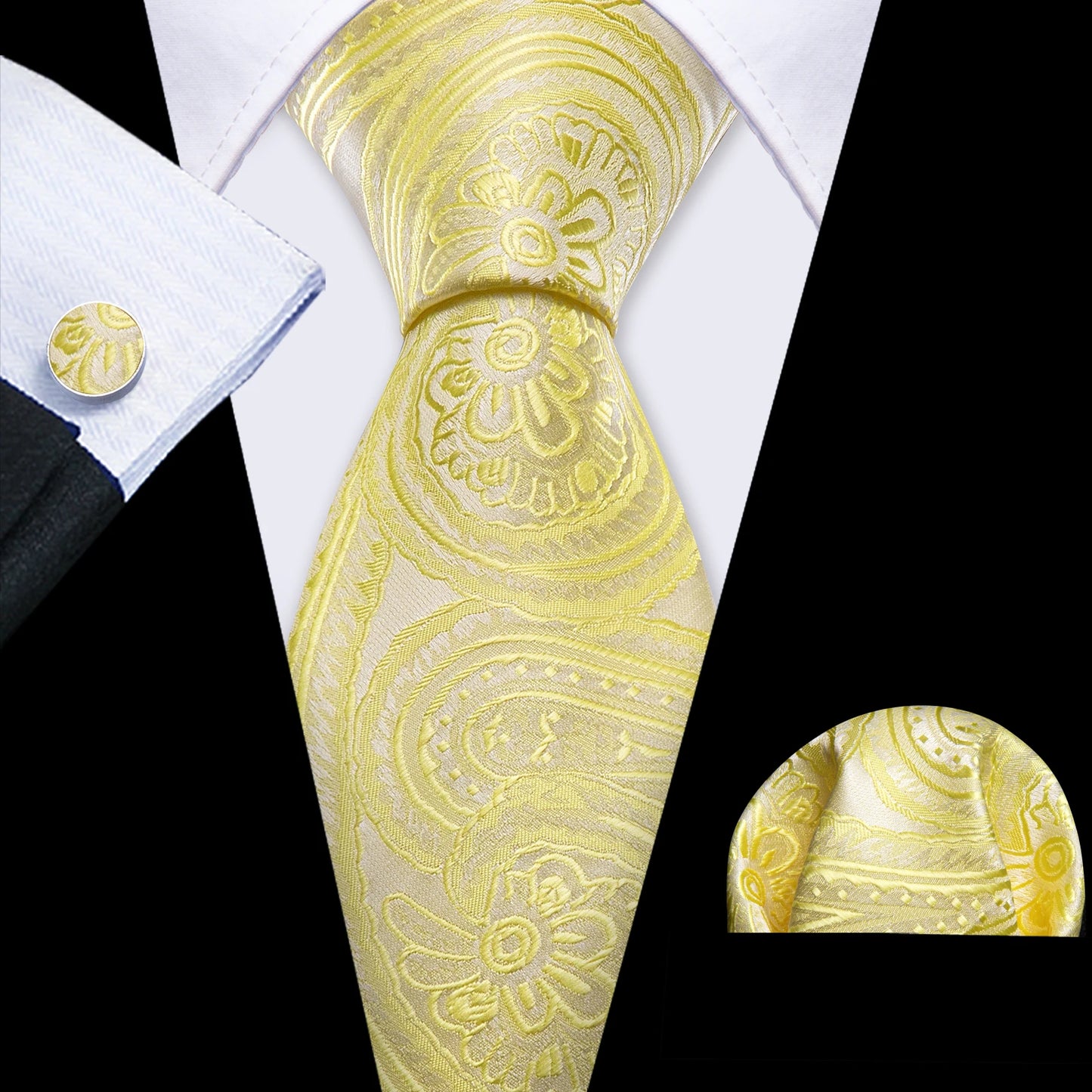 Barry.Wang Gold Beige Yellow Brown Tulip Silk Men Tie Handkerchief Cufflink Set Jacquard Necktie for Male Wedding Business Party