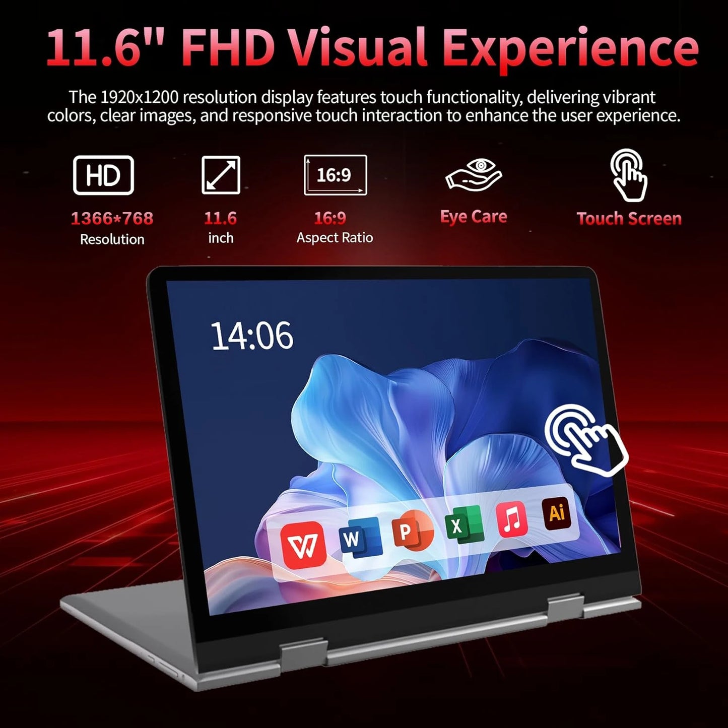 11.6" Portable 2 in 1 mini Laptop Computer Touch Screen Intel Celeron N4020 8GB RAM 512GB SSD Windows 11 Pro Office Learning PC