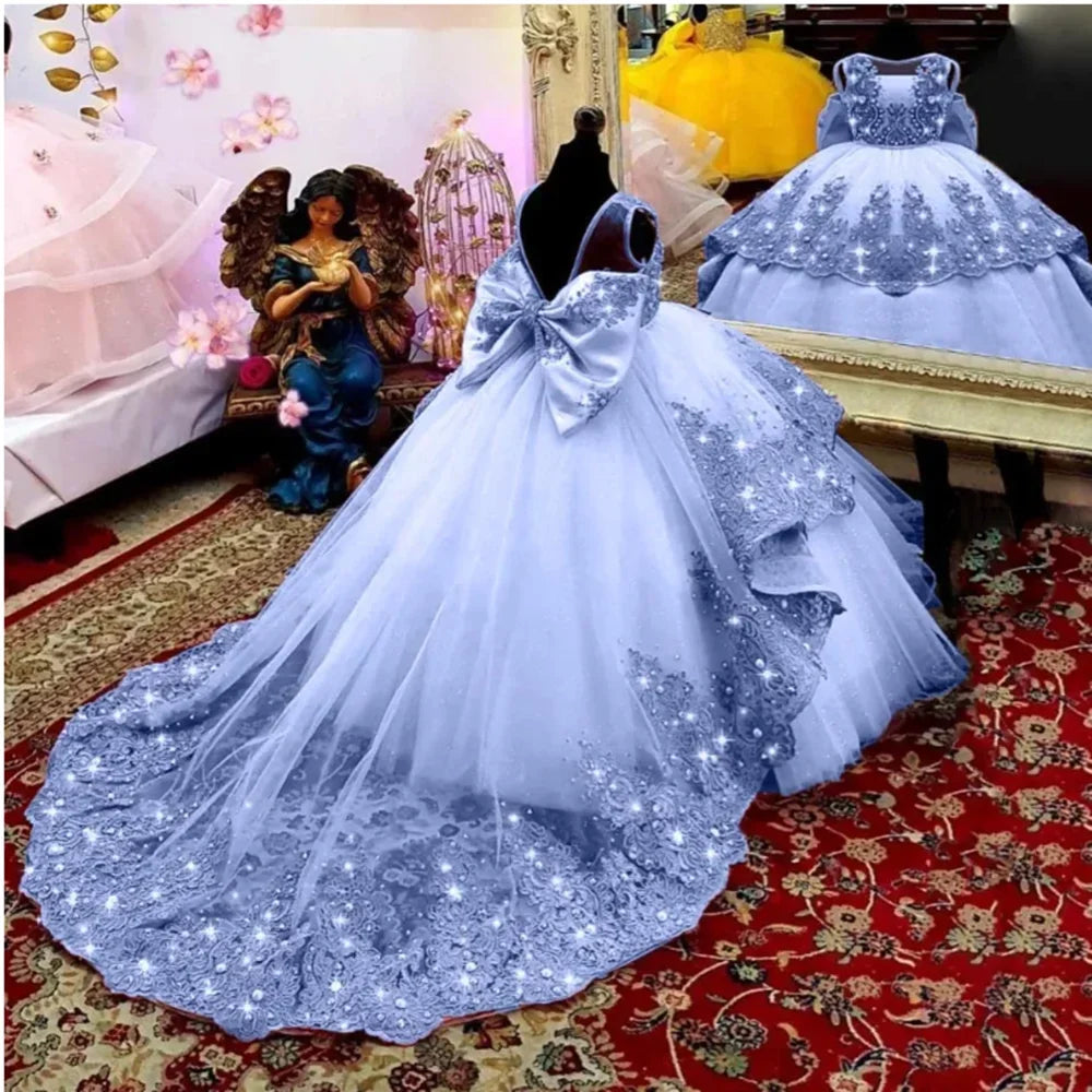 Customized Flower Girl Dress for Wedding Suspenders with Bow Satin Ball Gown Kids Birthday First Communion Party Dress