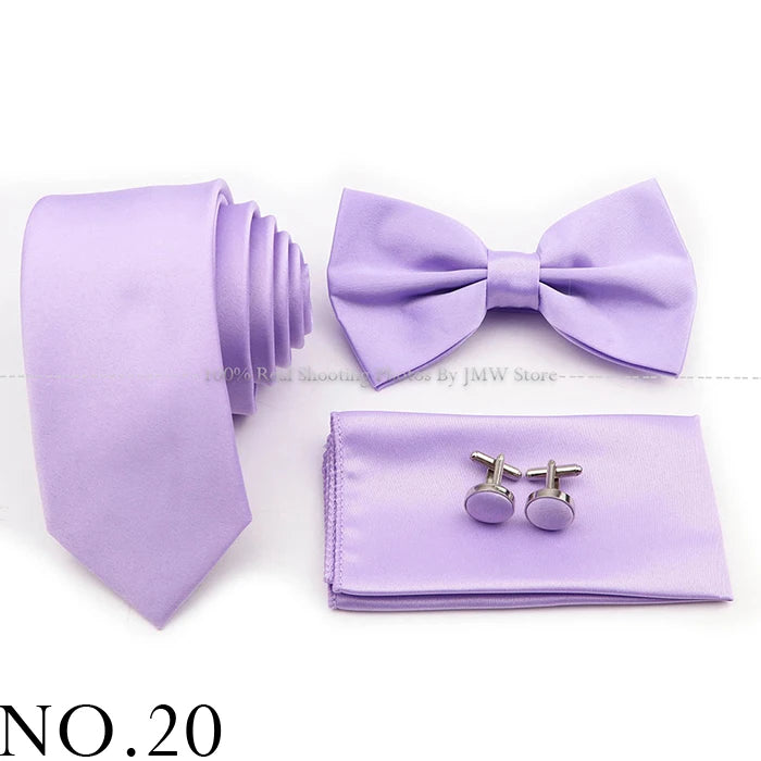 Hot Sale Purple Pink Sage Green Tie Set Polyester Necktie Bowtie Cufflink Brooch For Groom Suit Wedding Cravat Shirt Accessory