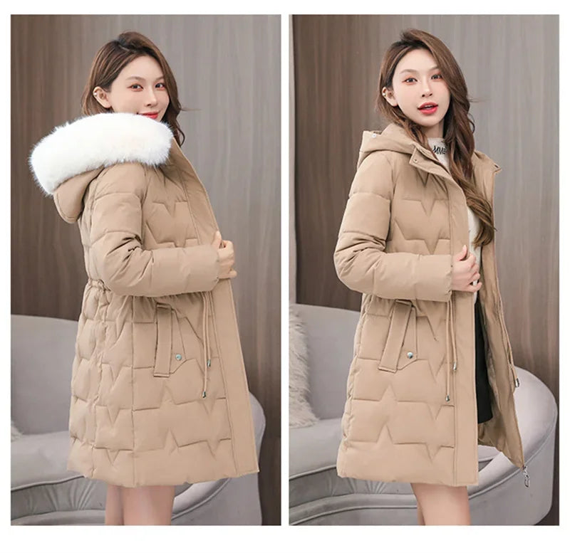 2025 New Winter Women Parka Fur Hooded Jackets Thicken Warm Cotton-padded Puffer Coat Casual Long Parkas Clothes Loose Outerwear