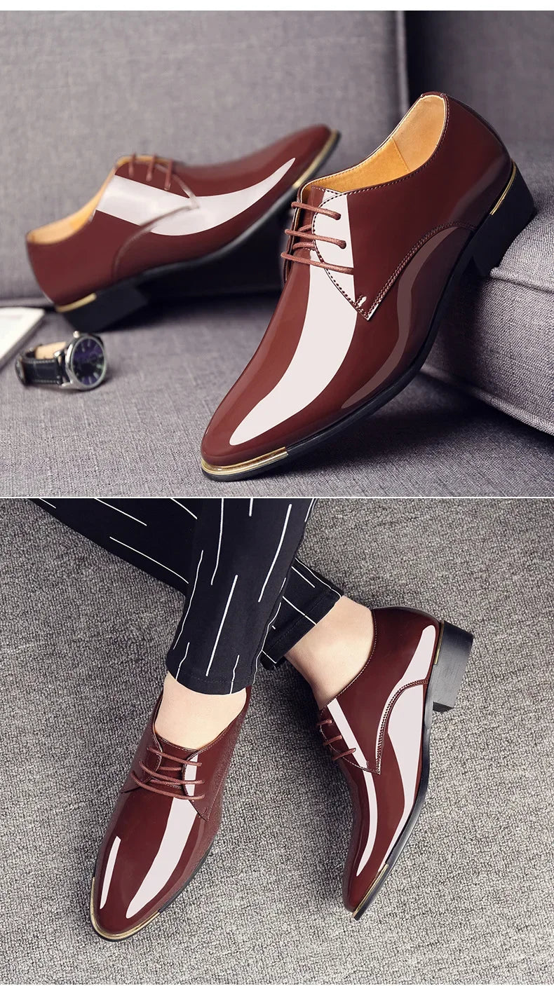 2024 New Men’s Patent Leather Shoes British Style Men's Dress Shoes Lace Up Pointed Toe Wedding Business Party Social Shoe Male