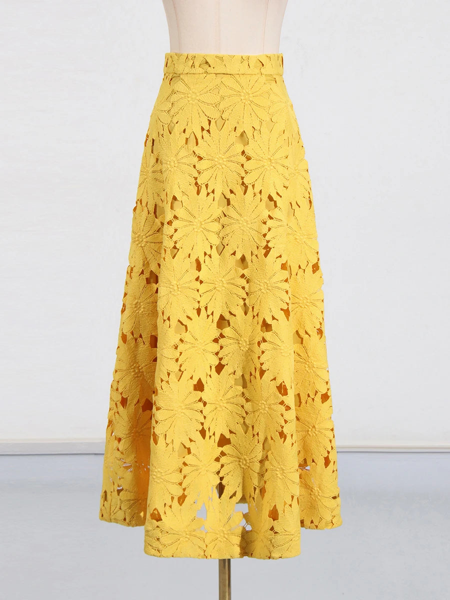 VGH Embroidery Two Piece Set for Women O Neck Batwing Sleeve Top High Waist Hollow Out A Line Long Skirt Elegant Suit Female New