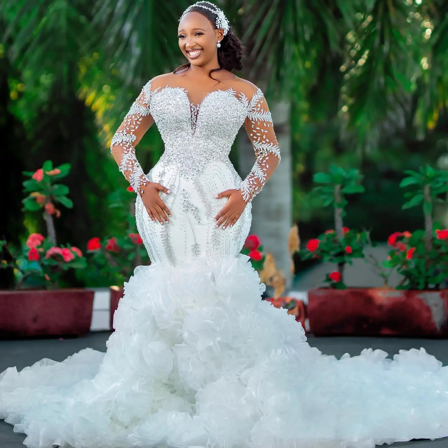 Customized Spark Crystals Rhinestones Garden Mermaid Wedding Dress African Long Sleeves Multi-Layered Ruffles Bridal Gowns
