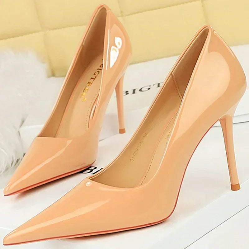 Women 7cm High Heels Career Temperament Work Pumps Lady Stiletto Heels Glossy Leather Fetish Royal Blue Nude Party Concise Shoes