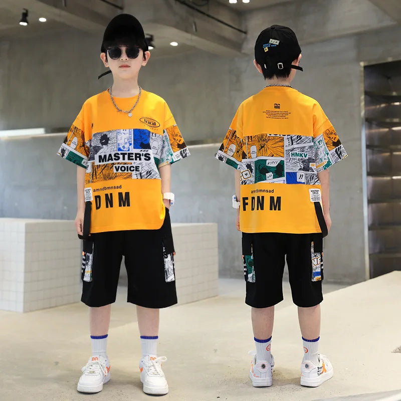Summer Boys Cotton Alphabet Picture Printed T-Shirt Tops+Shorts Pant School Kids 2PCS Tracksuit Child Outfits Workout Set 3-16Yr