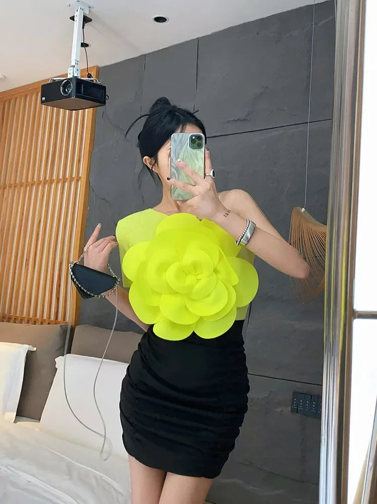 2024 New Summer Vest Women Three-dimensional Flowers Patchwork Slim Off-shoulder Backless Sleeveless Suspender Female