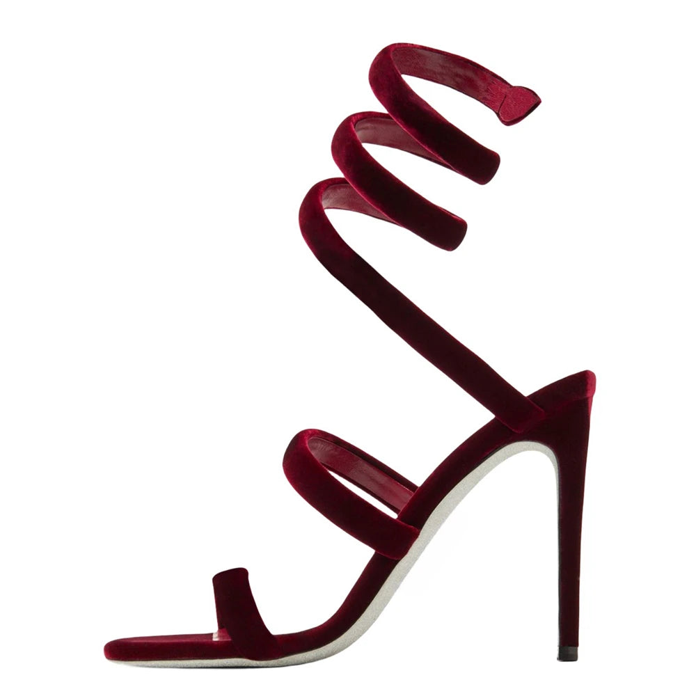 Summer new round toe silk ribbon snake-shaped wrapped sexy sandals thin high-heeled banquet dress large size women's shoes