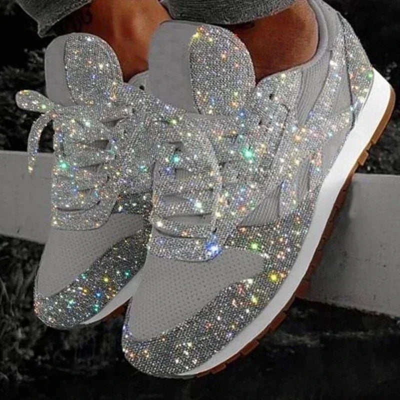 2024 New Women Flat Sneakers Casual Bling Vulcanized Shoes Women Mesh Lace Up Platform Plus Size Fashion Outdoor Woman Shoes
