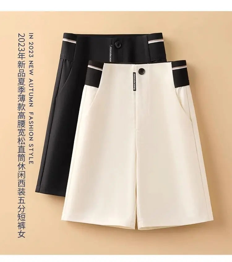 Female Korean Solid Color Spliced Casual Knee Pants Female Summer Fashion All-match High Waist Straight Pants Women's Clothing