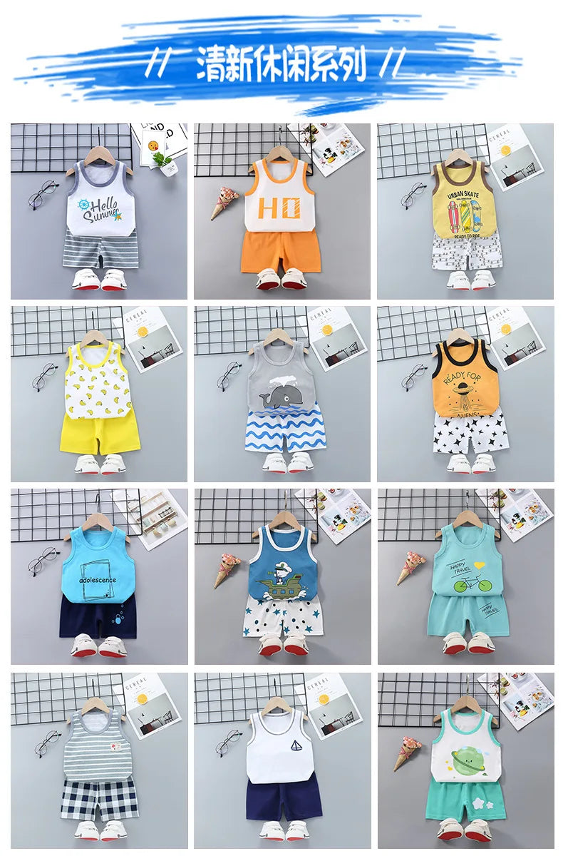 2025 New Summer Children Clothing Set Boys Girls Sleeveless Shorts Children's Suspenders Baby Vest set Kids Clothes