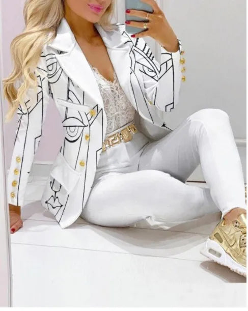 Fashion Butterfly Print Blazer Suit and Pants Two Piece Set for Women 2023 Autumn Winter Outfit Office Lady Casual Clothing