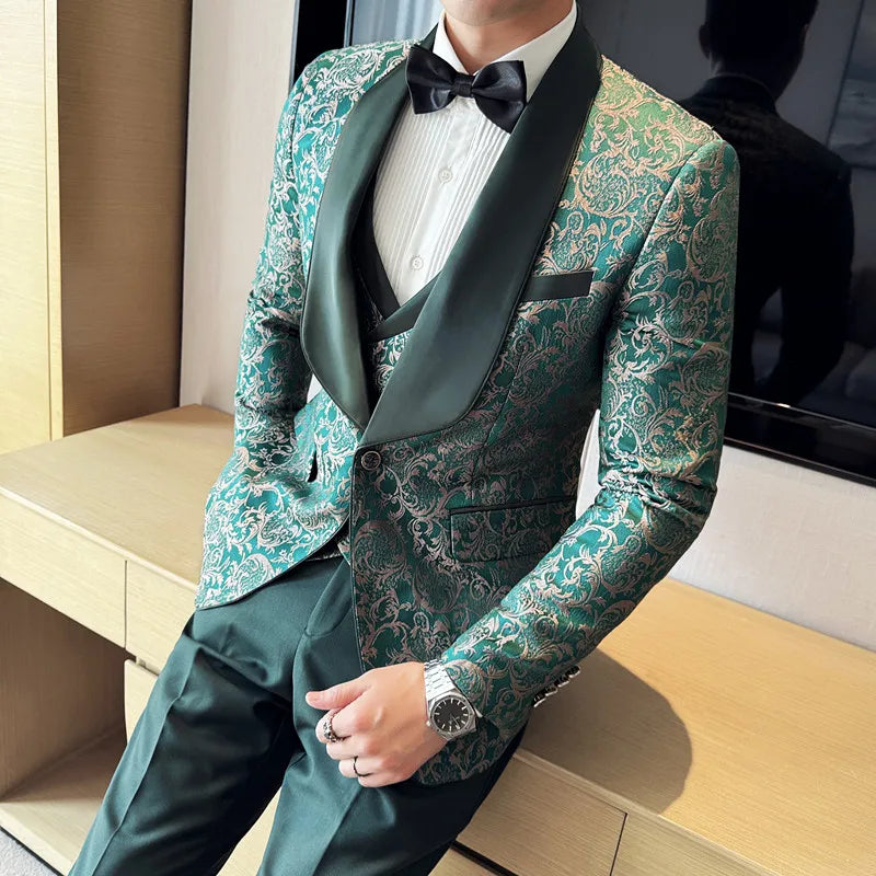 Spring 2025 Men's British Style Business Casual Three-Piece Suit Vest Trousers High-Density Jacquard Wedding Dress