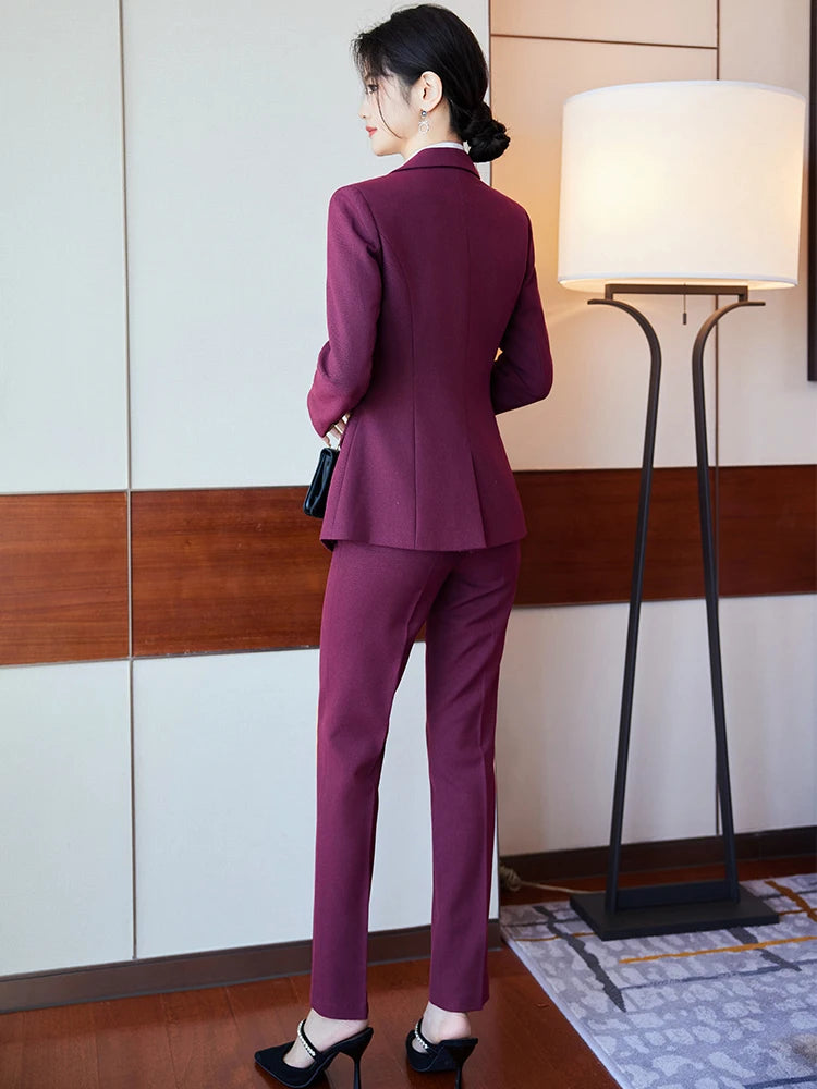 Office Ladies Pant Suit Women Black Blue Wine Female Business Work Wear Jacket Blazer and Trouser Formal 2 Piece Set
