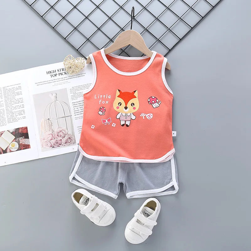2025 New Summer Children Clothing Set Boys Girls Sleeveless Shorts Children's Suspenders Baby Vest set Kids Clothes