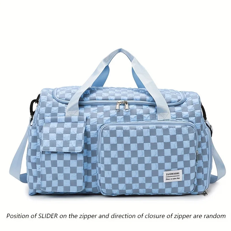 Stylish Checkerboard Pattern Design Large Capacity Duffle Travel Bag, Portable Sports Gym Bag, Weekender Overnight Bag