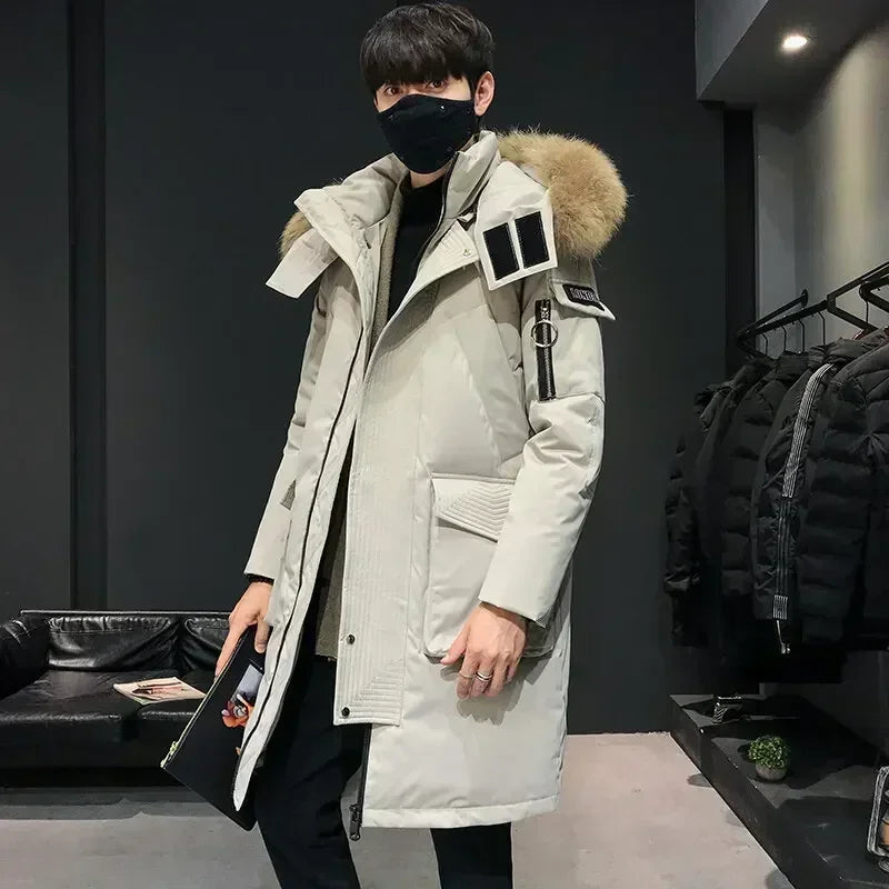 Men's Thickened Down Jacket Hooded Faux Fur Collar Winter Long Parka Jacket Outdoor Street Fashion Jacket Men's Clothing 2024
