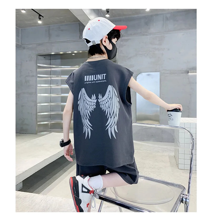 Boys Summer Suit New Children's Sleeveless Vest Sports Suit Fried Street Clothes Cool Handsome Summer Children's Clothing