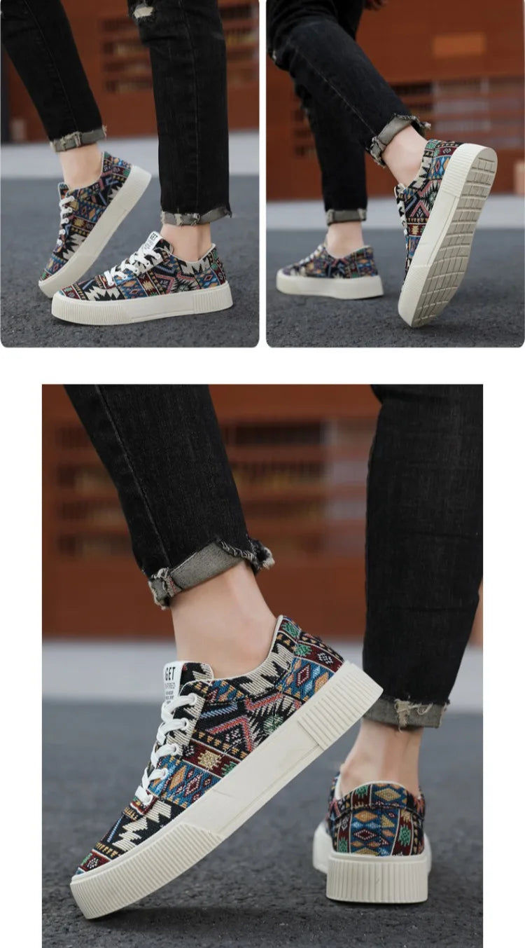 Sneakers Men 2025 New Spring and Autumn Ethnic Men's Shoe Low Top Retro Jacquard Flat Bottomed Board Shoes Oversized Mens Shoes