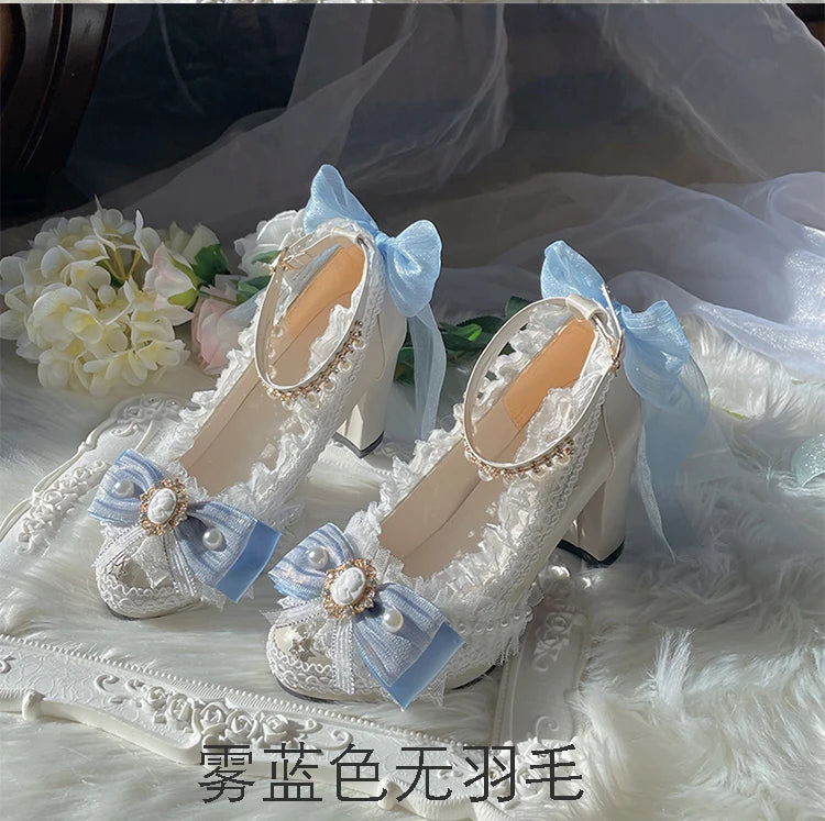 Original Handmade Lolita High Heels Heavy Industry Feather Stitching Pearl Bow Lace Platform Shoes Round Head Princess Heels