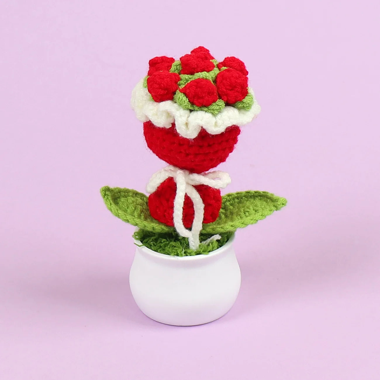 Finished Handmade Crocheted Rose Bridal Bouquet Potted Car Decoration Simulation Wool Flowers Office Decoration Creative