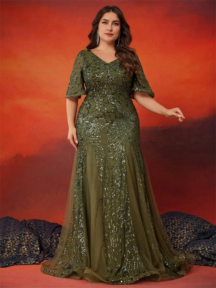 BLUEPLUM Plus Size Elegant Short Sleeves Sequin Evening Dresses For Women Mermaid Formal Bridesmaid Party Maxi Prom Dress Gown