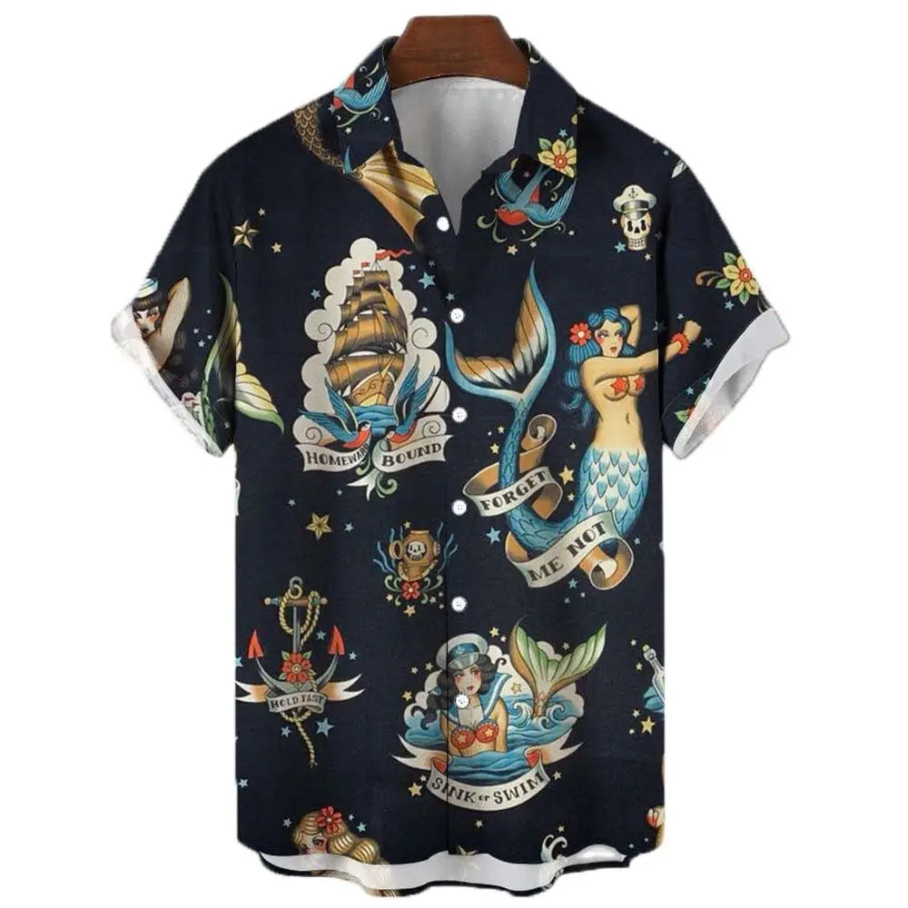 Japanese Men's Shirts Koi Print Hawaiian Buttons Beach Aloha Tops New 2024