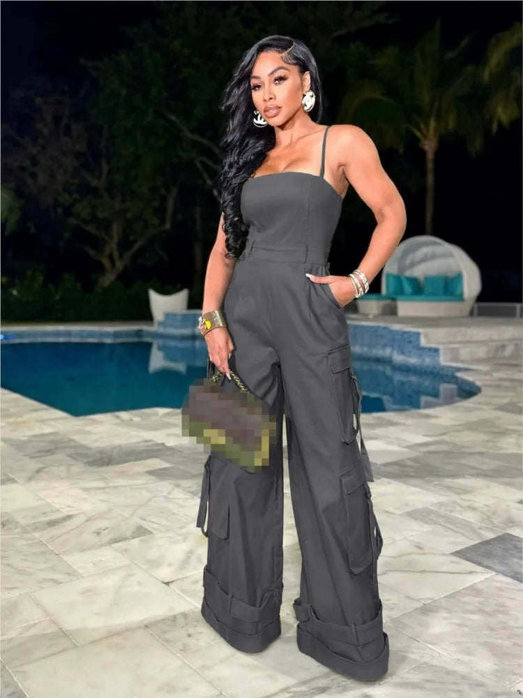 Women's Clothing 2025 Spring Summer New Sexy Sleeveless Solid Color Casual Multi Pocket Workwear Jumpsuit Wide Leg Pants