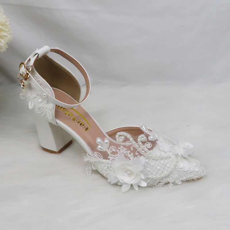 BaoYaFang White Flower Pumps New arrival womens wedding shoes Bride High heels platform shoes for woman ladies party dress shoes