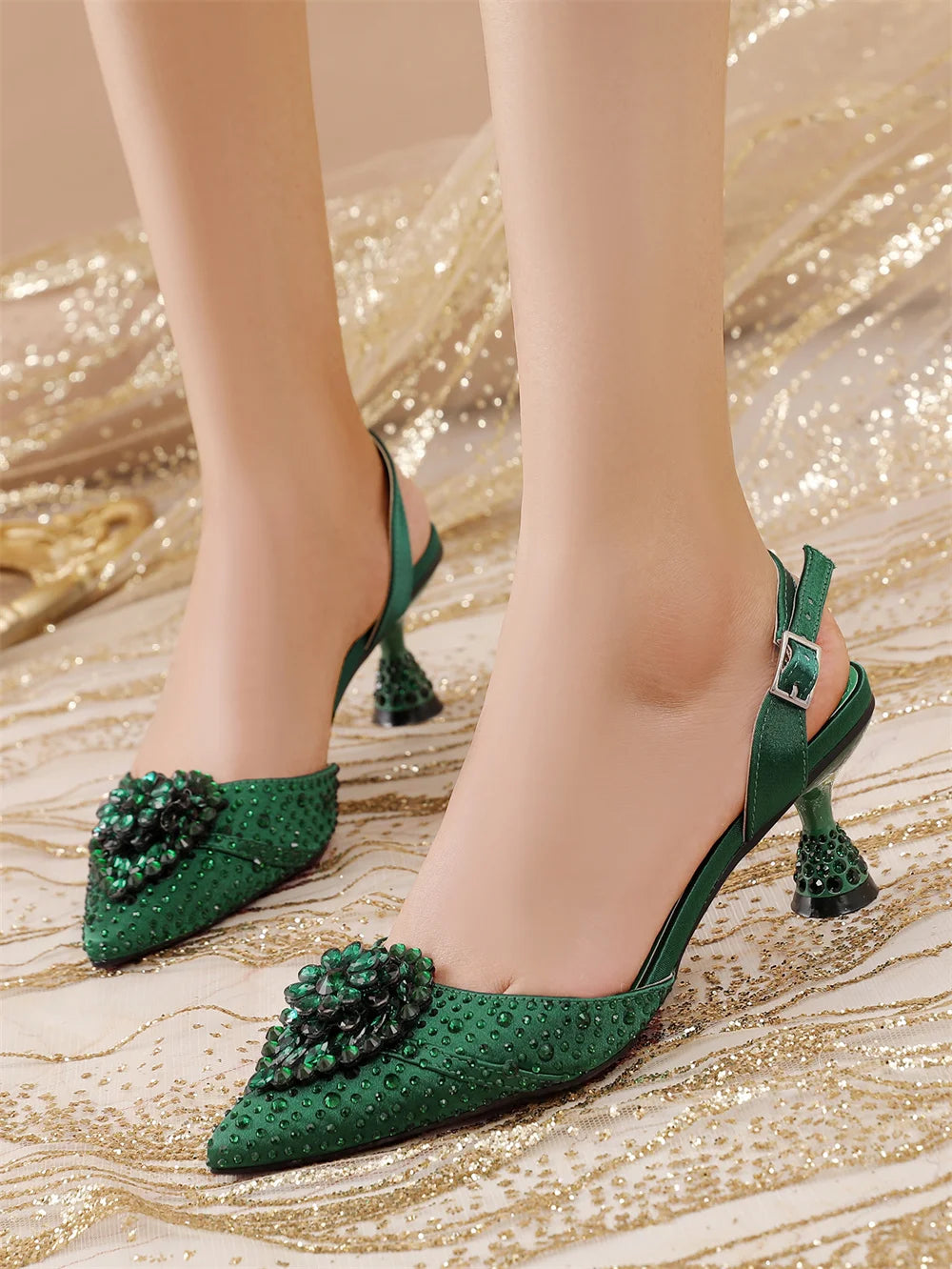 Luxury Elegant High Heels Royal Blue Color Diamond Embellished Pointed Toe Women's Shoes for Wedding Party Casual 2025 Style