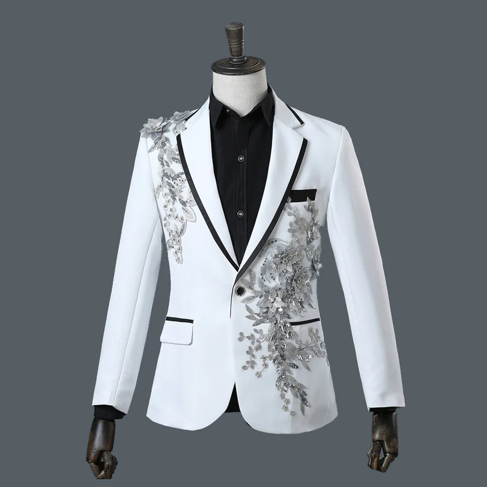 COLDKER Elegant Appliqued Mens Suits Slim Fit 2 Piece Formal Tuxedo Suits Blazer Pants with Bow Tie for Wedding Prom