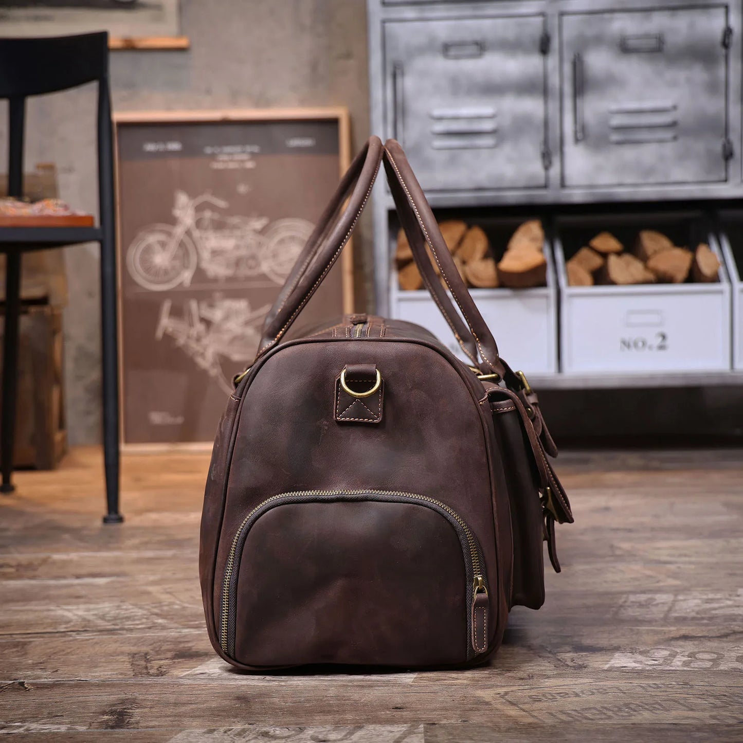 S.WORKER Vintage Genuine Leather Travel Bag Crazy-horse Cowhide Leather Duffel Bag Handicrafted Weekender Bag Gym Bag