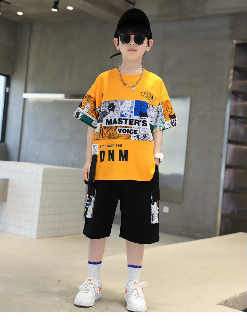 Summer Boys Cotton Alphabet Picture Printed T-Shirt Tops+Shorts Pant School Kids 2PCS Tracksuit Child Outfits Workout Set 3-16Yr