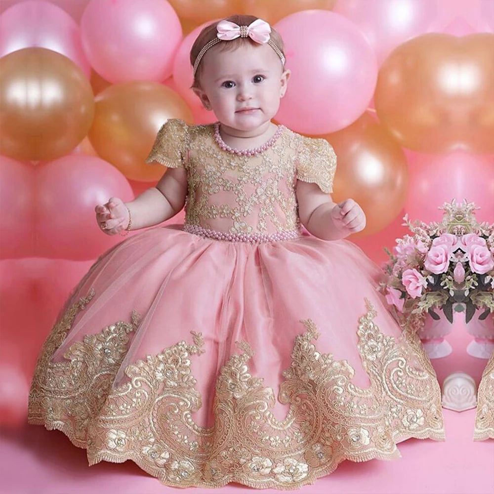 New Tailored Flower Girls Dresses Pink Tulle Gold Lace Puff Sleeve Kid Birthday Party Gown Christmas Dress First Communion Gown