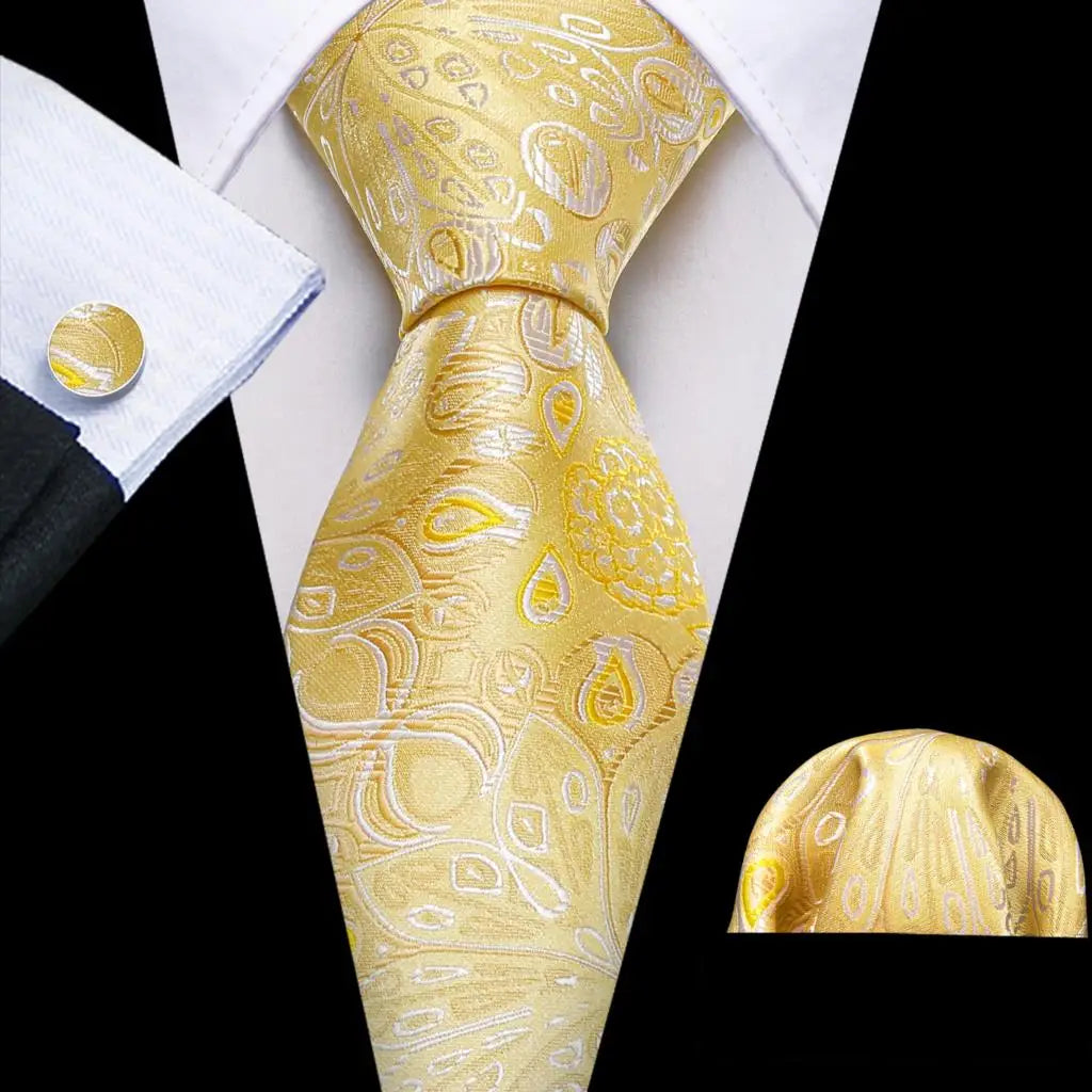 Barry.Wang Gold Beige Yellow Brown Tulip Silk Men Tie Handkerchief Cufflink Set Jacquard Necktie for Male Wedding Business Party