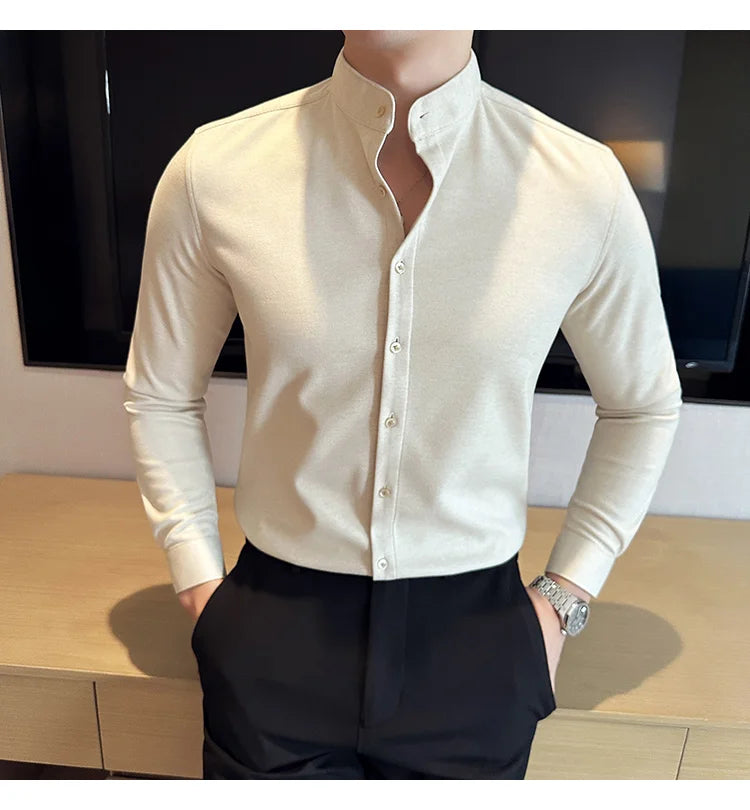 Winter Men Woolen Shirt with British Style Solid Casual Stand Up Collar Thick Warm Wool Formal Dress Shirt Fashion Men Clothing