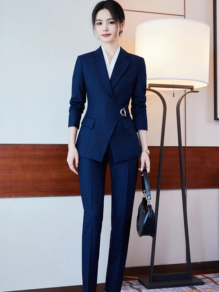 Office Ladies Pant Suit Women Black Blue Wine Female Business Work Wear Jacket Blazer and Trouser Formal 2 Piece Set