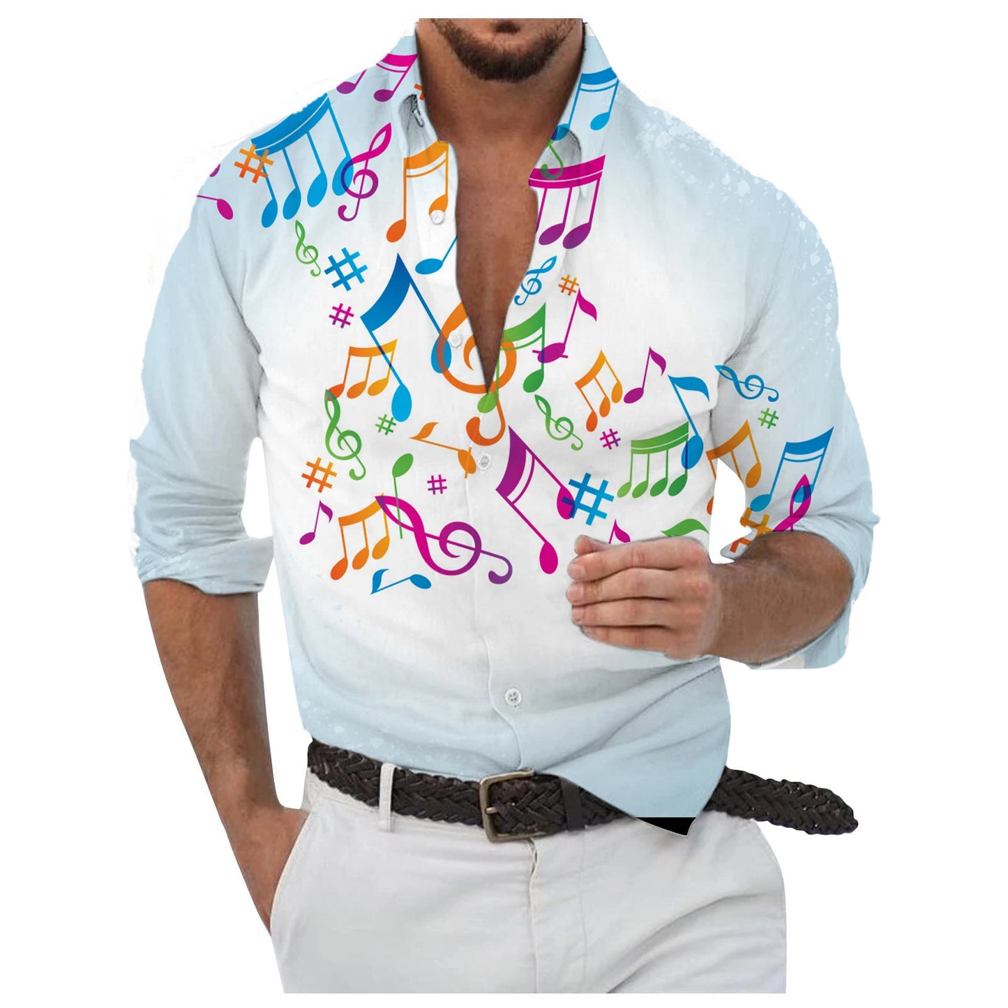 Men's Button Up Shirt Music Notes Collar 3D Print Daily Vacation Long Sleeve Print Clothing Apparel Hawaiian Casual Beach