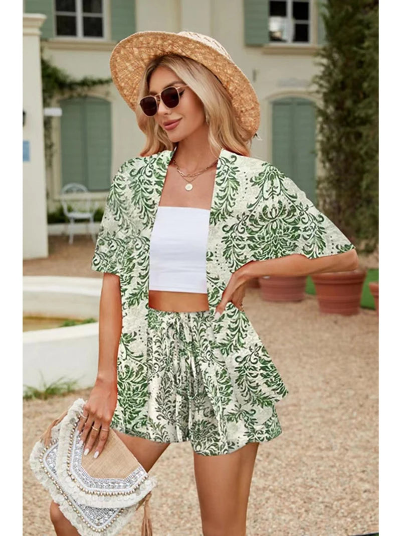 2024 Summer Casual Shirt Two Piece Set For Women Shorts 2 Piece Sets Outfit Print Short Sleeve Short Sets Outfits Home Sets