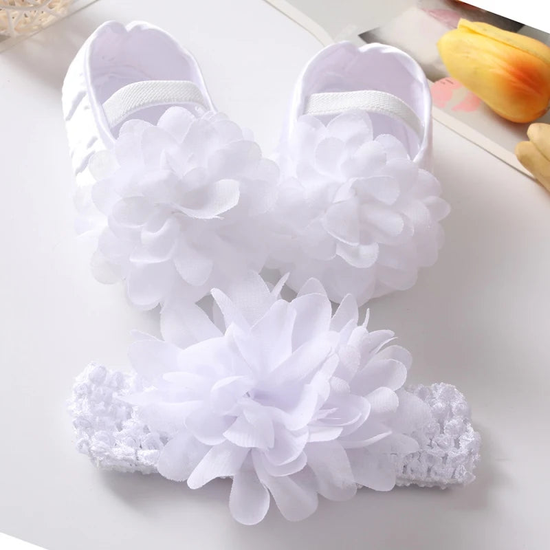 Infant Baby Girls Shoes with Headband Soft Sole Non-slip Flower Princess Wedding Dress Walking Shoes