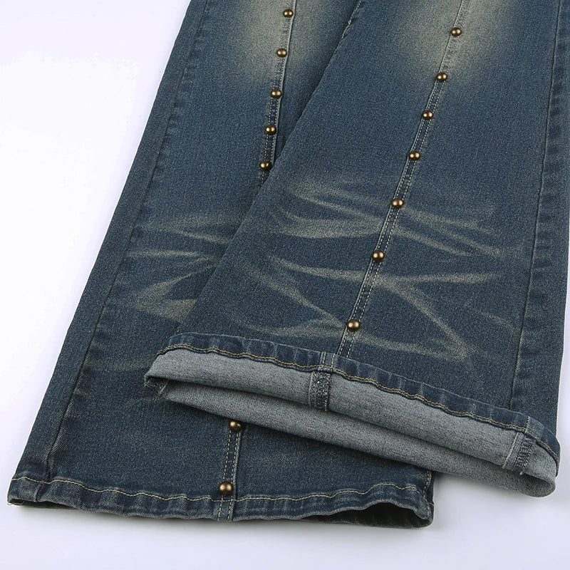 Rockmore Vintage Low Waist Flare Jeans Women Y2K Chic Rivet Slim Pencil Jean Pants Streetwear Fashion Retro Denim Trouser Korean