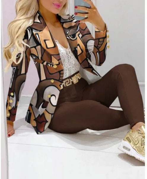 Fashion Butterfly Print Blazer Suit and Pants Two Piece Set for Women 2023 Autumn Winter Outfit Office Lady Casual Clothing