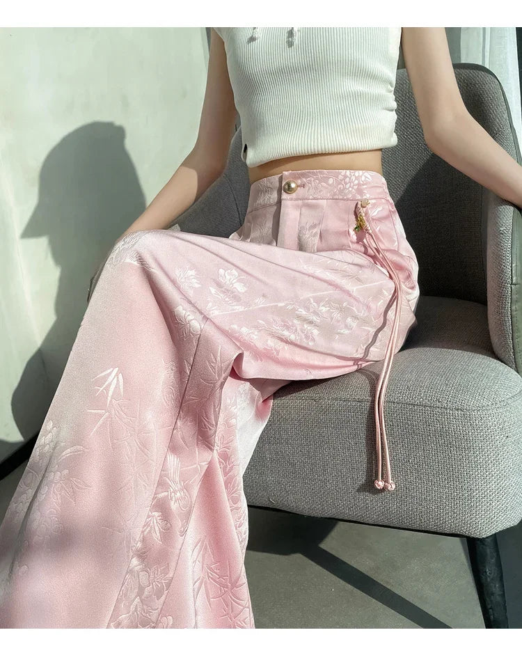 New Chinese Style Jacquard Wide Leg Satin Pants for Women Elegant Solid Office Lady Women's Casual Loose Pants Female