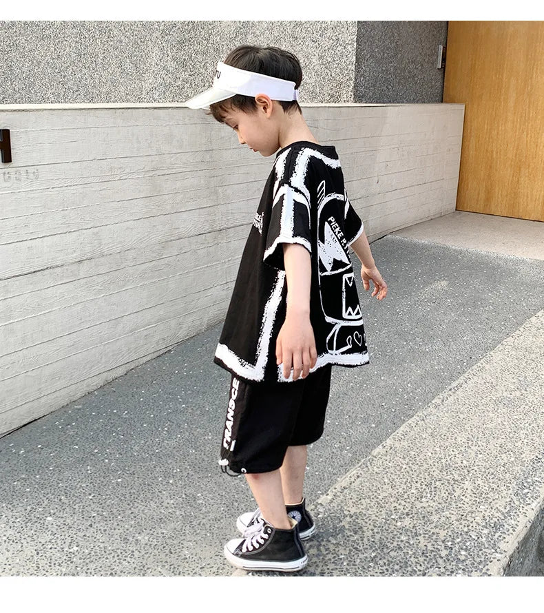 Summer Casual Boys Cotton Contrast Alphabet Graffiti t-Shirt Top+Shorts Pant Set School Kids Tracksuit Child 2PCS Outfit 5-14 Yr
