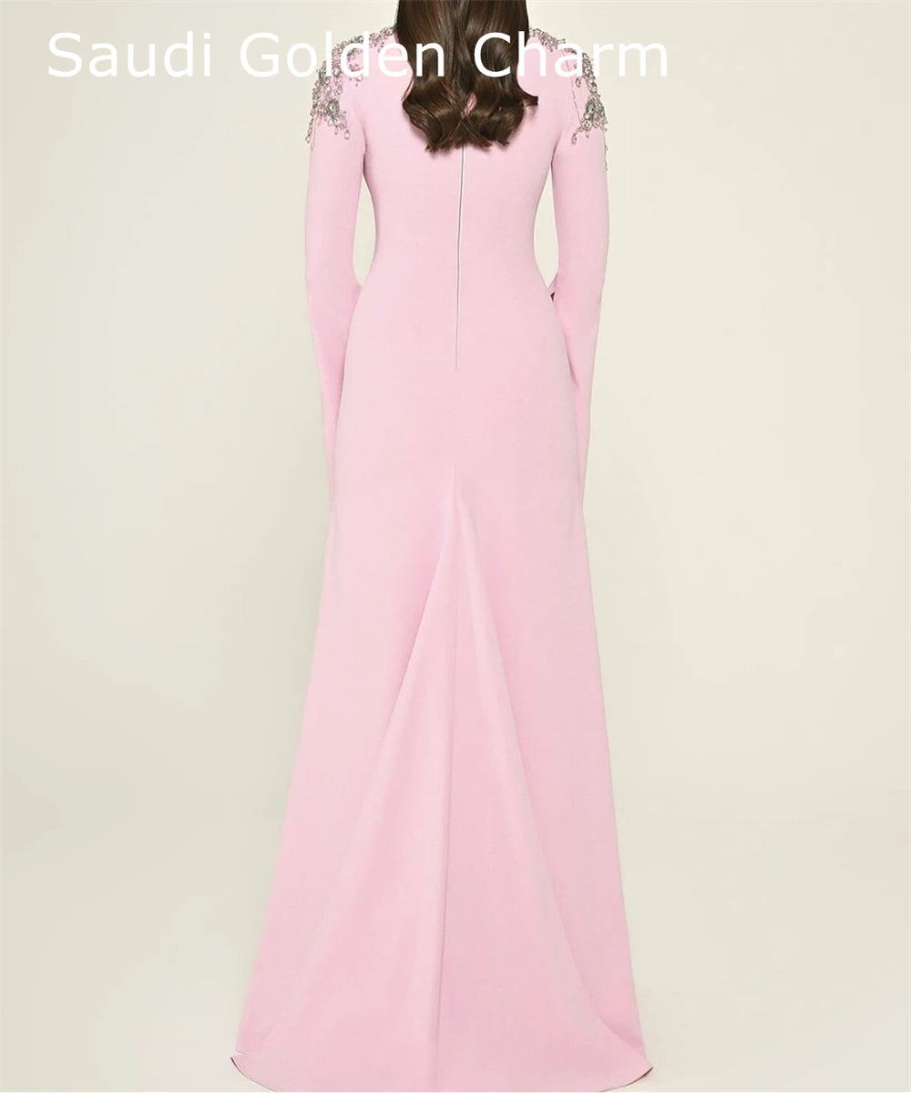 customizedCustomized Formal Pink Jersey Evening Dress Temperament Crew Neck Long Sleeves Party Dress High Quality Straight Celeb