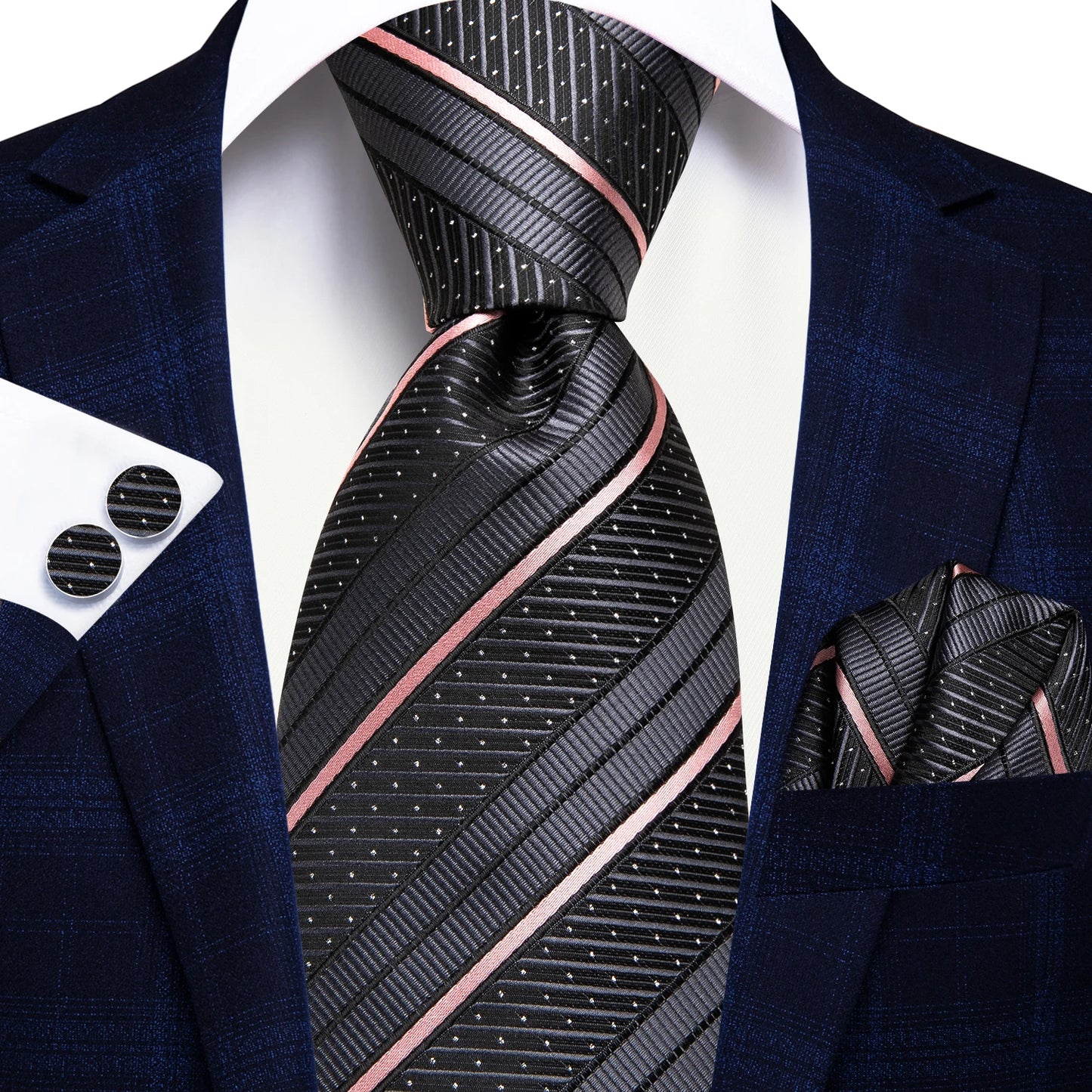 Hi-Tie Striped Black Purple Red Green Men Elegant Necktie Hanky Cufflinks for Tuxedo Fashion Classic Silk Luxury Tie for Man