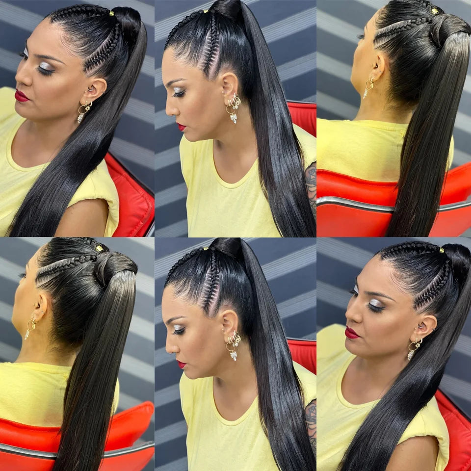 Ponytail Human Hair Wrap Around Long Straight Remy Hair Extensions Malaysia Hair Extensions Clip Ins Natural Color Hairpiece