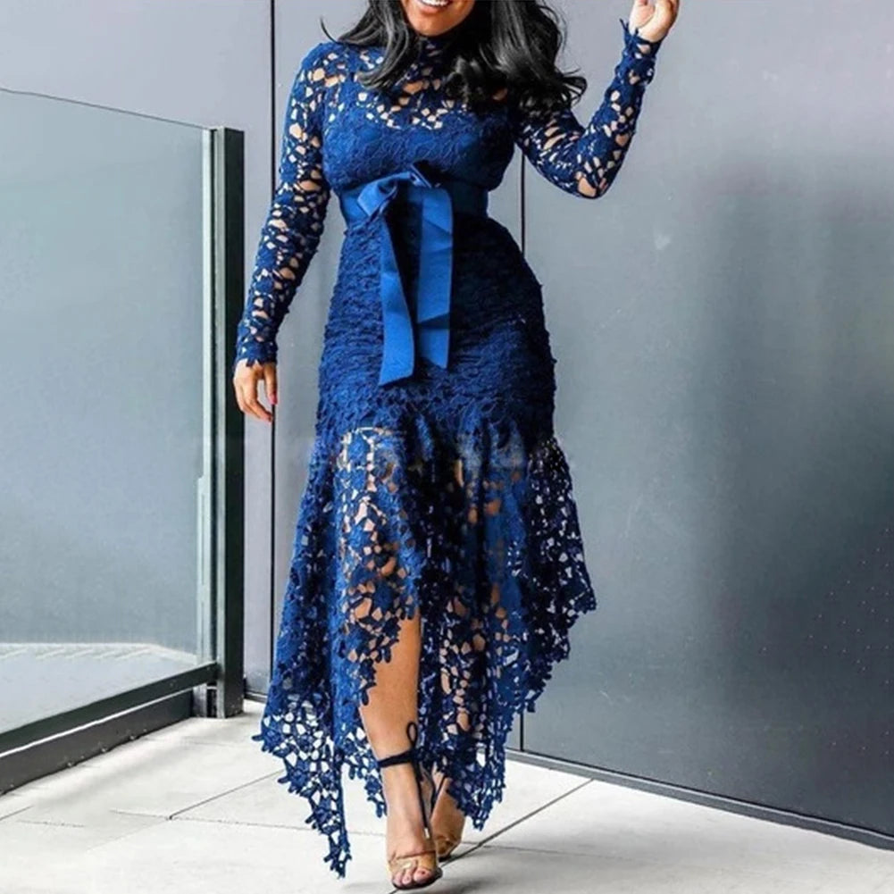 African Ladies Evening Gown Dresses Sexy Lace Long Sleeve Stand Collar Strappy Irregular Elegant Plus Size Long Dress Wedding