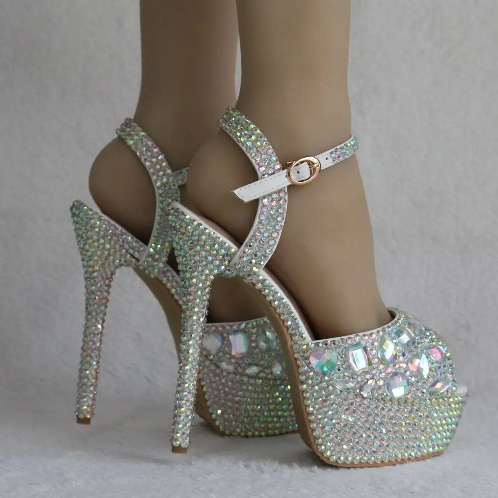 Fashion Diamond Wedding Shoes Ladies 14cm Heels Open-toed High-heeled Waterproof Platform Party Shoes Women